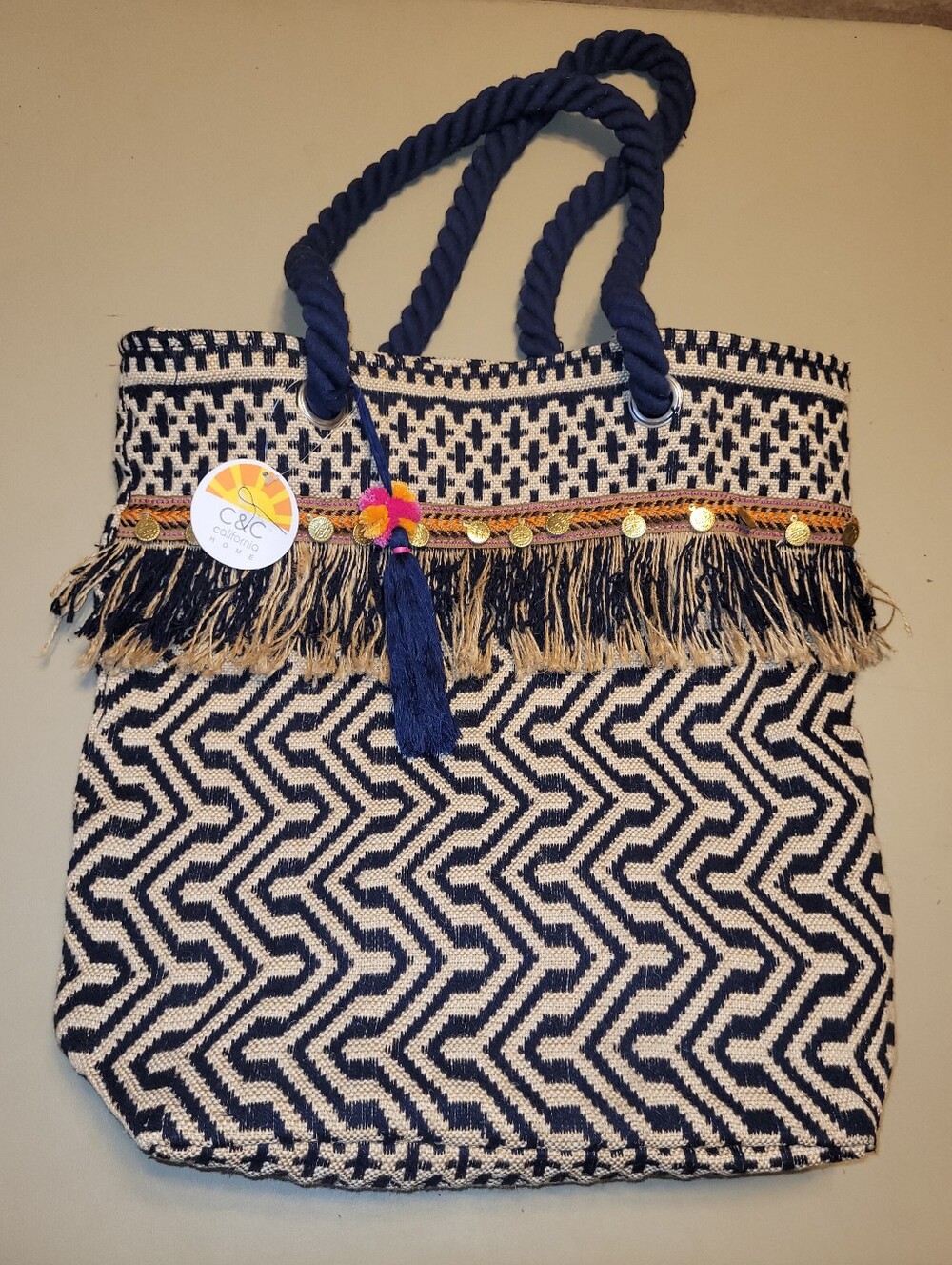 C&C California Woven Jute Boho Fringe Tote Bag.